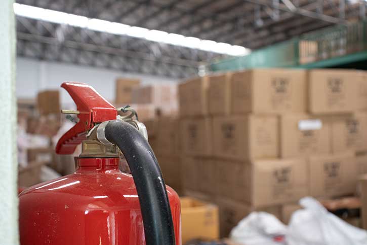 Fire extinguisher in a warehouse